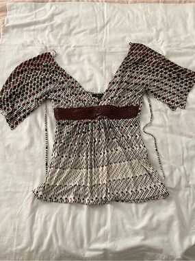 Y2K Sky 100 Percent Silk Geometric Boho Blouse Empire Waist Kimono Sleeve Top L